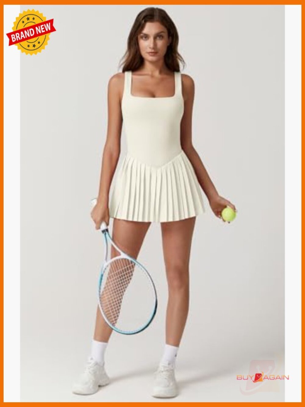 Square Neck Tennis Dress with Built-in Shorts, Pockets, Pleated - Picture 5 of 6